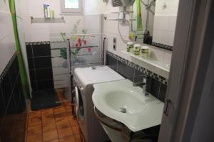 uma pequena casa de banho com um lavatório e um espelho em Suarella em Propriano