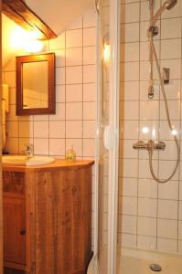 een badkamer met een douche en een wastafel bij B&B Le Clos de la Fontaine in Chéoux