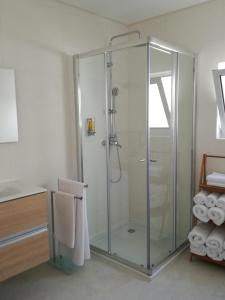 eine Glasduschkabine in einem Badezimmer mit Handtüchern in der Unterkunft Casa da Levada in Ribeira Grande + 22 Fotos