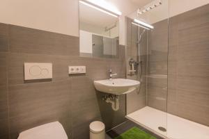 a bathroom with a toilet and a sink and a shower at Ferienwohnung Robi in Fulpmes +44 photos