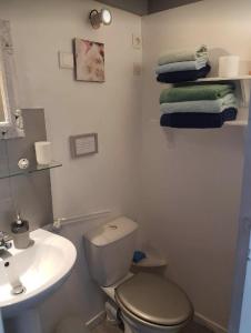 a bathroom with a toilet and a sink and towels at Les Nuits Bleues in Ars-en-Ré