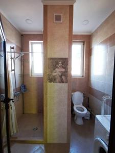 a bathroom with a shower and a toilet at Serdika station, bright and cozy apartment in Sofia