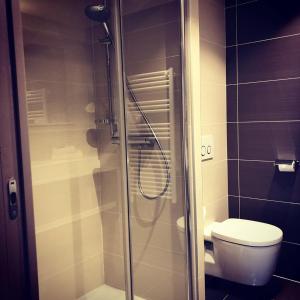 uma casa de banho com um WC e uma cabina de duche em vidro. em Hôtel de la Paix em Bapaume