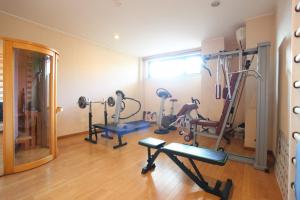 a gym with treadmills and exercise bikes in a room at Altea Suites in Pomezia