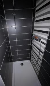 y baño con ducha y azulejos blancos y negros. en Les gîtes du Canal du midi - Gîte Bois & Cailloux, en Montgaillard-Lauragais