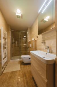 a bathroom with a sink and a toilet and a shower at Apartment Ledrar in Bled