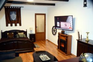 a living room with a couch and a flat screen tv at APARTAMENT MEDIEVAL in Predeal