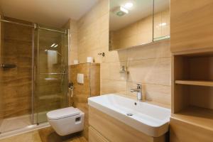 a bathroom with a toilet and a sink and a shower at Apartment Ledrar in Bled