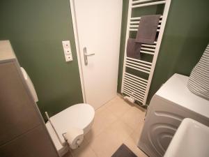 a bathroom with a white toilet and a green wall at Green flat by GrazRentals with garden view & parking included in Graz