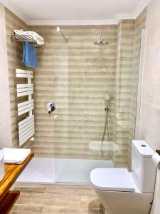 a bathroom with a toilet and a glass shower at Hotel Tres Coronas de Silos in Santo Domingo de Silos