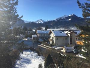 ein Dorf im Schnee mit Bergen im Hintergrund in der Unterkunft Ferienwohnung Buddatsch-Hofmann in Oberstdorf