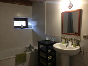 ein Badezimmer mit einem Waschbecken, einem Spiegel und einer Badewanne in der Unterkunft Le Moulin de Champagne in Viriat