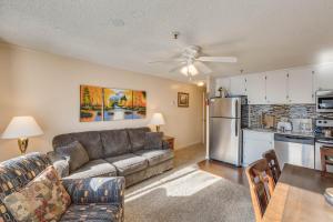 a living room with a couch and a kitchen at Stroll to Slopes, Village Area, Ski in-out MtLodge 329 in Snowshoe