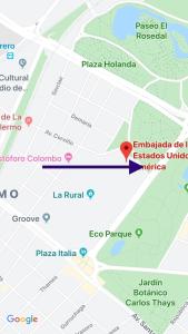 a map of plaza hürürlia and its landmarks at Studio Palermo La Rural y Embajada USA in Buenos Aires