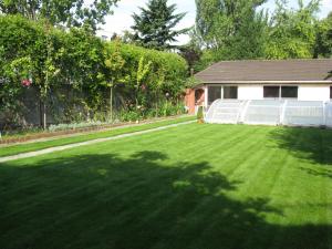 a yard with a green lawn with a fence at Gite Mella in La Courneuve