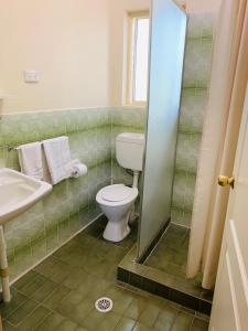 a green tiled bathroom with a toilet and a sink at Angel's Rest Motel in Moree
