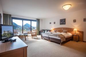 a bedroom with a bed and a desk with a television at Aparthotel Andreas Hofer in Kufstein