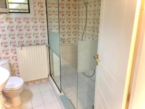 a bathroom with a shower and a toilet at Apartment near airport and beach in Artemida