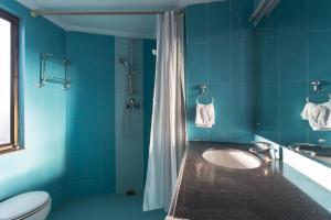 a blue bathroom with a sink and a shower at Swayambhu Hotels & Apartments- Sitapaila in Kathmandu