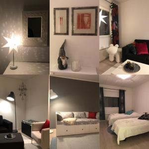 a collage of four pictures of a room at Kuurala apartment in Rovaniemi