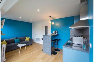 a kitchen and living room with blue walls and a couch at LOURDES cosy appartement sanctuaire centre ville in Lourdes