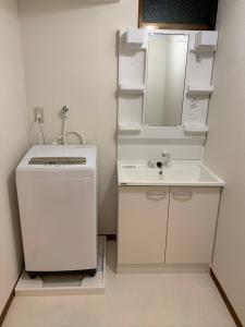 W białej łazience znajduje się umywalka i lustro. w obiekcie ガナダン中央駅 1f 無料駐車場 w mieście Kagoshima
