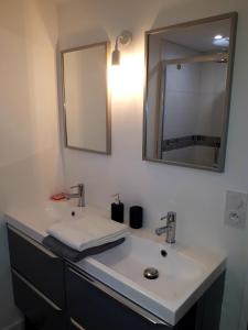 ジョネ・クランにあるFuturoscope appartement 40m2 à 7 min du parcの洗面台が2つと鏡があるバスルーム