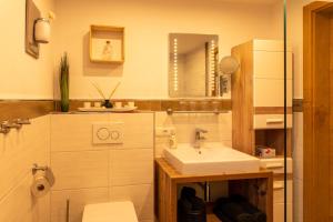 バッハにあるAlpfee Lechtalのバスルーム(洗面台、鏡付)