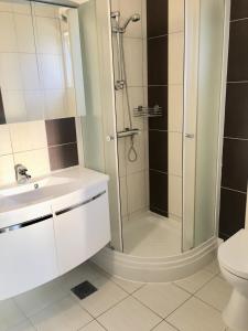 a bathroom with a shower with a sink and a toilet at Schönes Ferienhaus direkt am Meer in Stomorska +17 photos