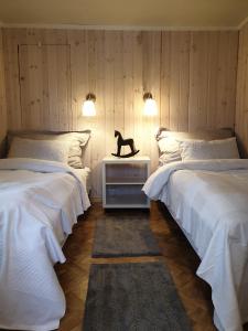 una habitación con 2 camas y un gato sentado en una mesa en Poeme A SANDEFJORD en Kodal