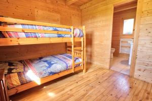 弗呂梅的住宿－Le Mazot de Marie - chalet 6 pers，小木屋内一间卧室配有两张双层床