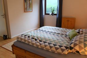 - un lit dans une chambre avec fenêtre dans l'établissement Ferienwohnung Naturpark Schlei, à Güby