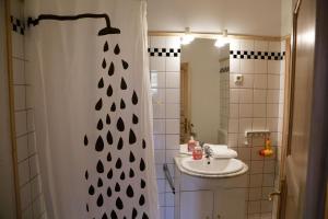 ハンブルクにあるHansa Apartments Hamburgのバスルーム(シンク、白いシャワーカーテン付)