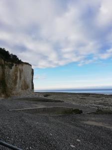 a beach with a cliff and the ocean at L'ENTRE 2 COTES in Le Tréport