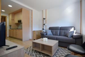 ein Wohnzimmer mit einem blauen Sofa und einem Couchtisch in der Unterkunft Lux Aigle "Acceso directo a pistas" in Pas de la Casa