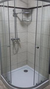 a shower with a glass door in a bathroom at Studio Green in Târgu-Mureş