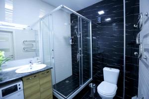 een badkamer met een douche, een toilet en een wastafel bij Newly Renovated Studio Apartment in Downtown Center 5 in Tasjkent
