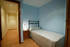 a bedroom with a bed and a blue wall at APARTAMENTOS HOTEL 77 in Ayora