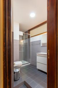 a bathroom with a shower and a toilet and a sink at Garça Real Flats in Porto