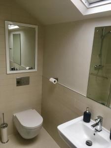 a bathroom with a toilet and a sink and a mirror at Stylish City Centre Flat in Leeds