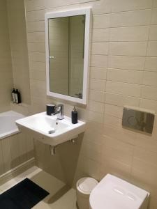 a bathroom with a sink and a toilet and a mirror at Stylish City Centre Flat in Leeds