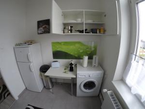 eine kleine Küche mit einer Waschmaschine und einem Kühlschrank in der Unterkunft Clean & Central 2 Room Apartment 50m² in Hannover