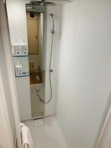 a bathroom with a shower with a glass door at WELLSTAY Honmachi in Osaka