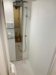 une salle de bain avec une douche avec une porte vitrée dans l'établissement WELLSTAY Honmachi, à Osaka