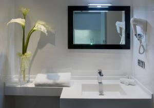a bathroom with a sink, mirror, and a vase of flowers at Salamanca Suite Studios in Salamanca