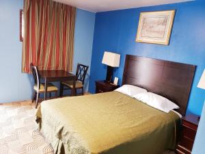 a hotel room with a bed and a table and a desk at TRADE WINDS MOTEL in Childress