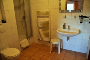 a bathroom with a sink and a toilet at Müllers Hof Ferienwohnung/Pension in Emmerthal
