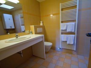ein Badezimmer mit einem Waschbecken, einem WC und einem Spiegel in der Unterkunft Pension Popotnik in Villach
