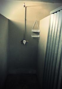 a dark room with a shower with a curtain at Grunau Country Hotel in Grünau