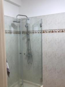 a shower with a glass door in a bathroom at הבית בגן in Gan Yavne